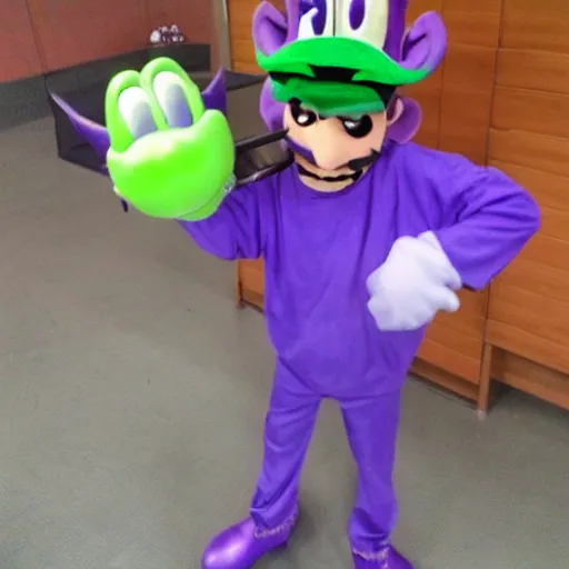 Image similar to Vinny Vinesauce, dressed as Waluigi