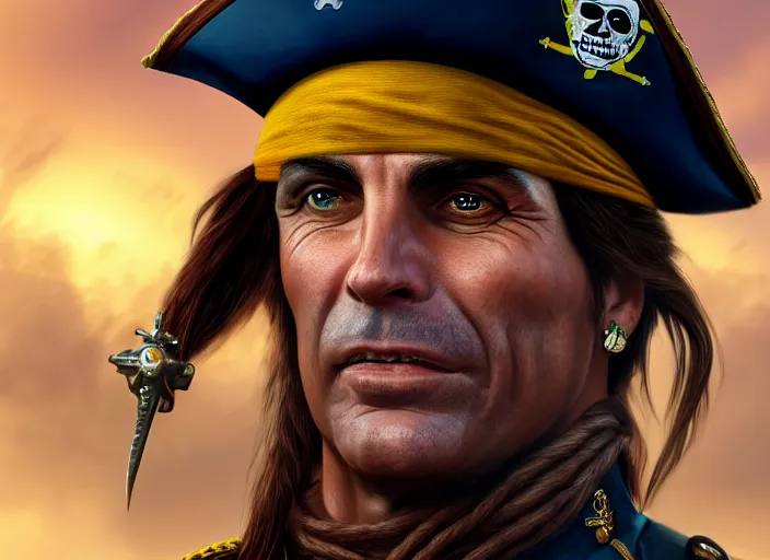 Image similar to highly detailed portrait of jair bolsonaro as a dread pirate captain, proudly posing at the helm of his frigate wearing a pirate hat, artstation, cinematic lighting, hyperdetailed, cgsociety, 8k, high resolution, insanely detailed and intricate