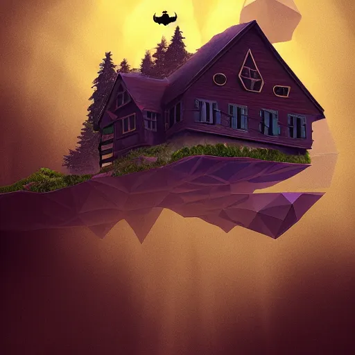 Image similar to floating spooky house in the sky, low poly, isometric art, 3d art, waterfall, high detail, artstation, concept art, behance, ray tracing, smooth, sharp focus, ethereal lighting
