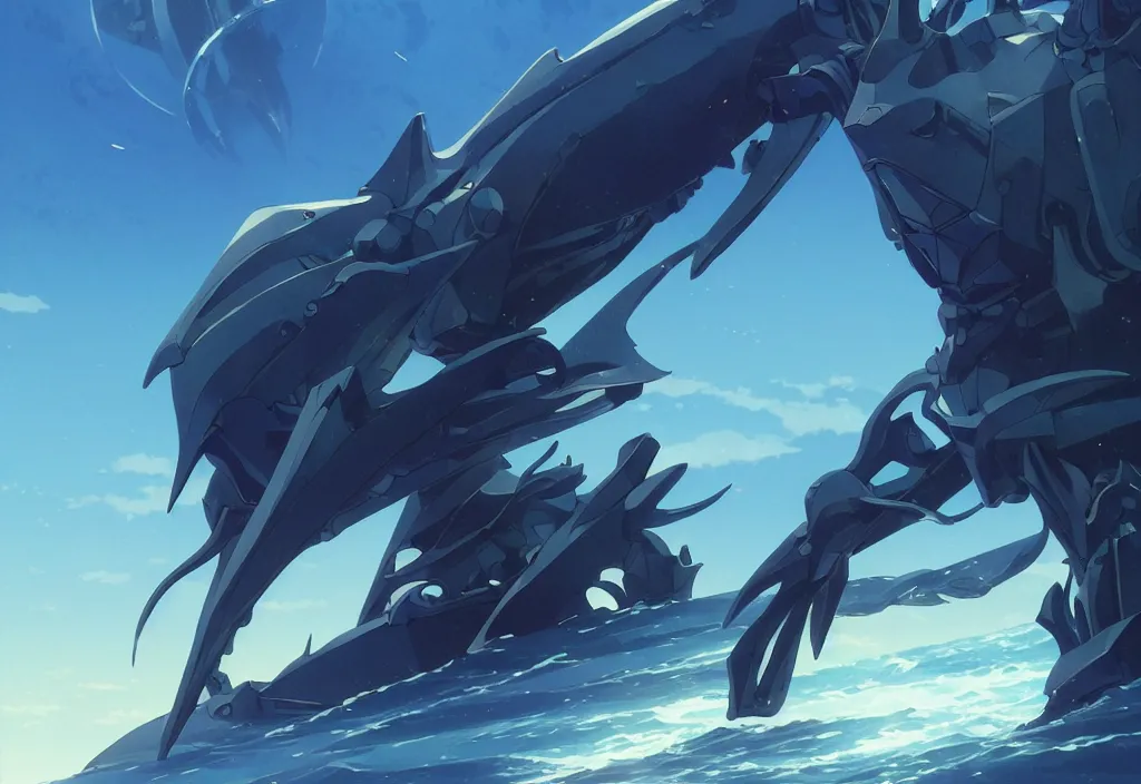 Image similar to close up of a extremely beautiful and aesthetic mech armor witch holding a symmetrical trident, highly detailed face, attractive symmetrical eyes, back shark fin, big wave horizon, dynamic model pose, slightly smiling, blue sky, big blade whale and black giants mech minotaurus, epic scene, fantasy illustrations, by makoto shinkai and peter mohrbacher and ferdinand knab