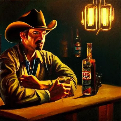 Image similar to modern stylized oil painting portrait of cowboy at table with bottle in western saloon, 1890, masterpiece, realistic and detailed, artstation, interesting artificial spotlight lightning, cinematic, dramatic