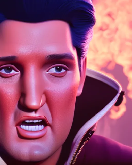 Image similar to disney pixar portrait 8 k photo of elvis presley on a smoky stage : : by weta, greg rutkowski, wlop, ilya kuvshinov, rossdraws, artgerm, annie leibovitz, rave, unreal engine, alphonse mucha : :