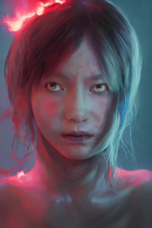 Prompt: a fancy portrait of a young Demon girl with her left eye in a coloured flame's by Greg Rutkowski, Sung Choi, Mitchell Mohrhauser, Maciej Kuciara, Johnson Ting, Maxim Verehin, Peter Konig, final fantasy , 8k photorealistic, cinematic lighting, HD, high details, atmospheric , trending on artstation