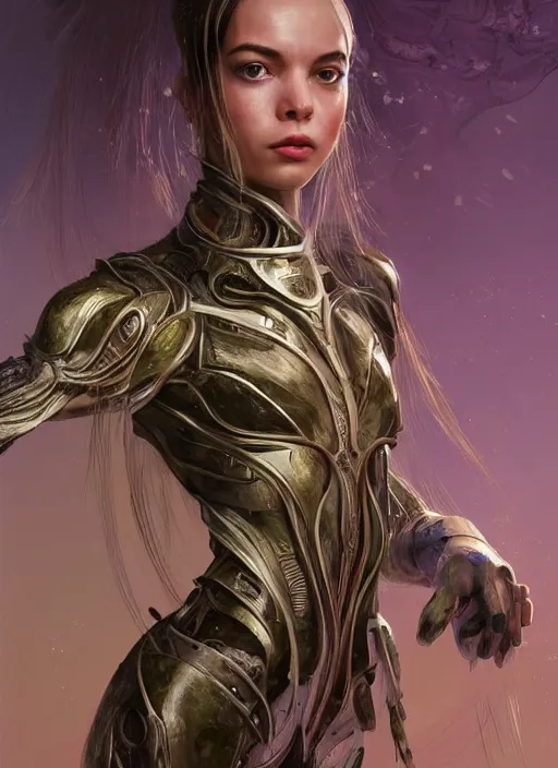 Image similar to a professional painting of a beautiful young female alien, clothed in ethereal armor, olive skin, long dark hair, beautiful bone structure, symmetrical facial features, intricate, elegant, digital painting, concept art, smooth, sharp focus, illustration, from Valerian and the City of a Thousand Planets, by Ruan Jia and Mandy Jurgens and Artgerm and William-Adolphe Bouguerea