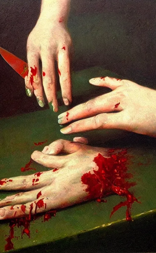 Image similar to by 1 9 th century famous painter, hands, nail polish, blood smear, blood dripping, knife, realism, realistic, oil painting, green wallpaper background