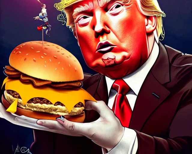 Image similar to donald trump licking a cheeseburger, deep focus, fantasy, intricate, highly detailed, digital painting, artstation, concept art, matte, sharp focus, illustration, hearthstone, art by artgerm and greg rutkowski and alphonse mucha