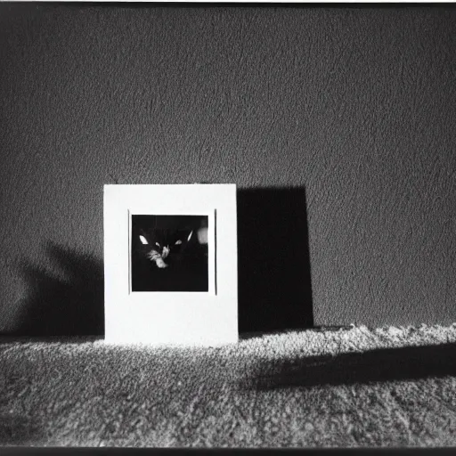 Image similar to wide - shot low - angle ant's eye view of cat shadow on the wall, polaroid photo, by andy warhol