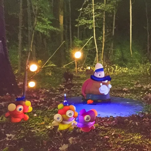 Prompt: photo of toad birthday party in the woods at night