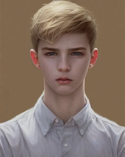 Image similar to portrait of 1 5 - year - old boy, with slender, white - blond hair, cold grey eyes, a pale complexion with sharp and pointed features, highly detailed, digital painting, artstation, concept art, smooth, sharp focus, illustration, art by artgerm and greg rutkowski and alphonse mucha