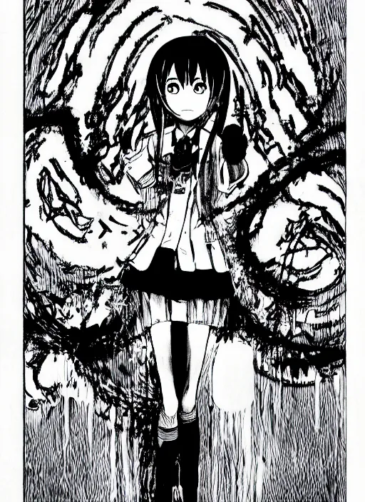 Image similar to hatsune miku by junji ito and kentaro miura, horror manga, detailed, eerie