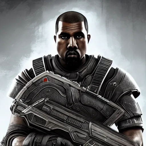 Image similar to Kanye West in Gears of War cover art, ultra wide lens shot , beautiful, DnD character art portrait, realistic, hyperdetailed, DeviantArt Artstation, cinematic lighting