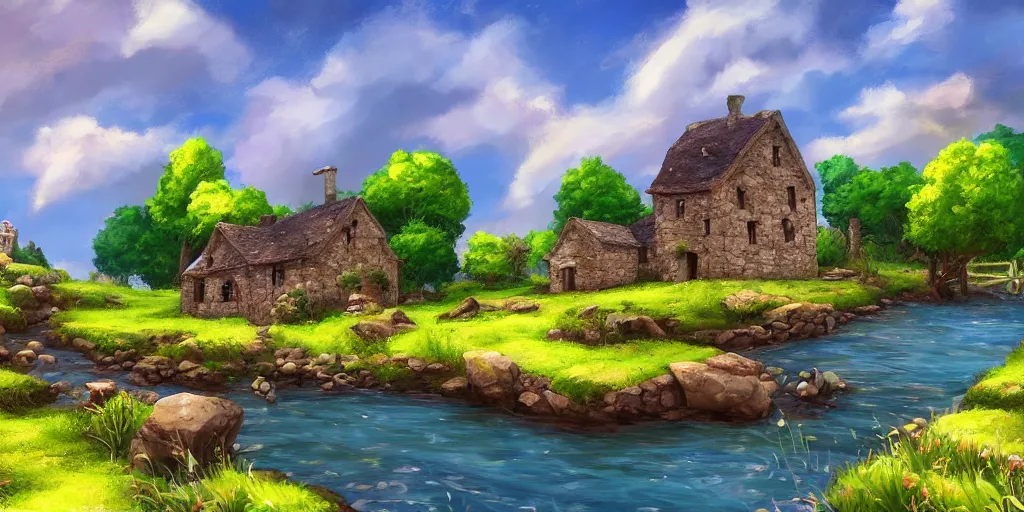 Image similar to a serene landscape with a small medieval stone house near a river in the style of Pixar, anime style, low saturation, high quality, highly detailed, 4k, complementary colours, cartoon