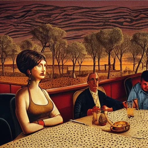 Image similar to The land art shows four people sitting in a diner late at night. The people in the land art look tired and lonely. The land art is set in New York City and shows the city's skyline in the background. cheetah print by Frederick Sandys, by Andreas Franke ghastly