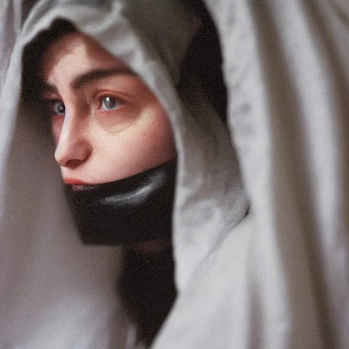 Prompt: a closeup portrait of a woman wearing a hood made of wire and plastic, in a laundry mat, color photograph, by caravaggio, canon eos c 3 0 0, ƒ 1. 8, 3 5 mm, 8 k, medium - format print