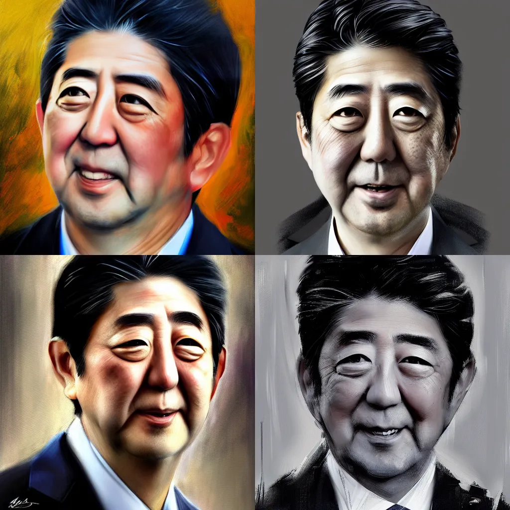 Prompt: A hyperdetailed digital oil portrait painting of Shinzo Abe in the style of Guy Denning and Ruan Jia. Trending on ArtStation and DeviantArt. Digital art.