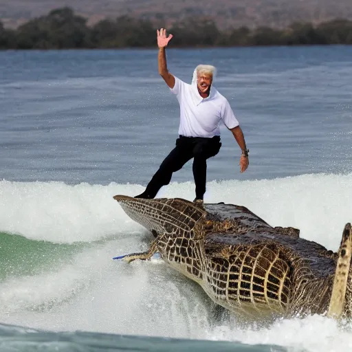 Image similar to ( joe biden ) surfing on top of a crocodile