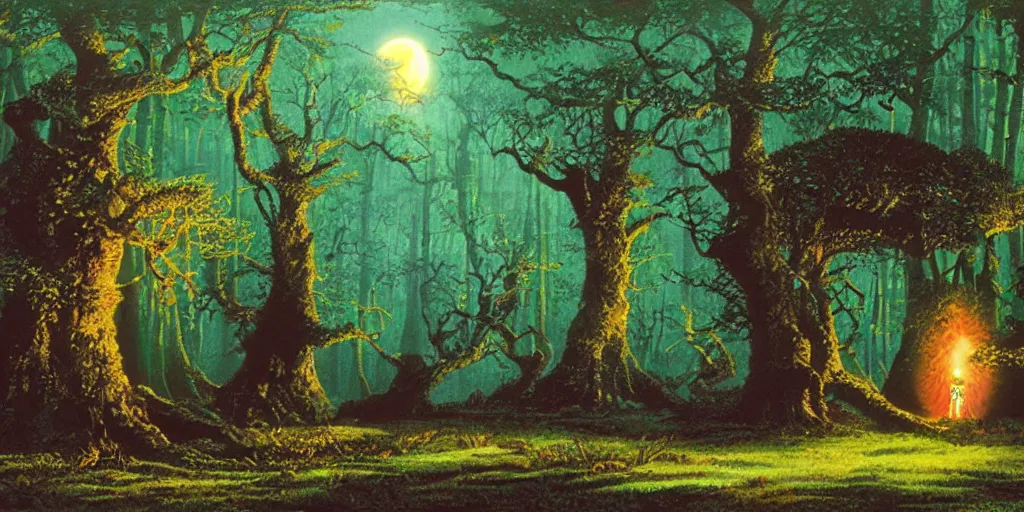 Prompt: Artwork by Tim White of the cinematic view of the Woodland of the Dark Lord.