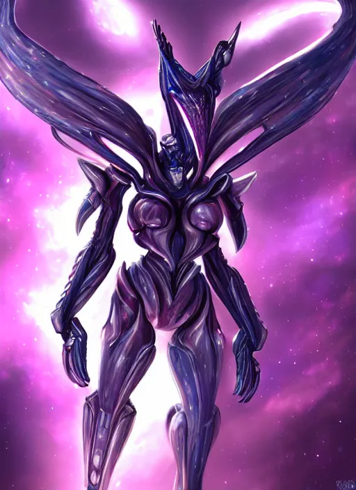 Image similar to cinematic close body, cosmic sized beautiful stunning giant robot mechan hot female dragon goddess, sharp sleek cyborg dragon head, sharp metal ears, smooth purple eyes, smooth fuschia skin, smooth silver armor, nebula, epic proportions, epic scale, macro furry, furry art, dragon art, goddess art, giantess art, warframe, warframe fanart, furaffinity, octane