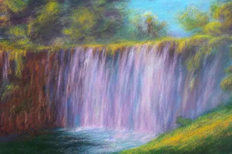 Image similar to beautiful landscape, waterfall, impressionist, masterpiece, pastel, muted