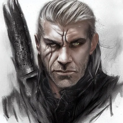 Image similar to portrait of a muscular, grim, ponytail haired blonde man in his late 30's, wearing a thick brown leather coat, looking to his side, scarred face, hunter, DnD character, fantasy character, dramatic lighting, high detail, graphite black and white by Ruan Jia, Krenz Cushart, Rossdraws and Boris Vallejo