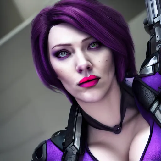 Image similar to scarlet johanson as widowmaker from overwatch, realistic, 4 k, coherent