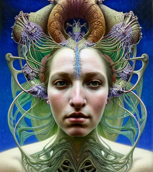Prompt: detailed realistic beautiful young groovypunk queen of andromeda galaxy in full regal attire. face portrait. art nouveau, symbolist, visionary, baroque, giant fractal details. horizontal symmetry by zdzisław beksinski!!!, iris van herpen, raymond swanland and alphonse mucha. highly detailed, hyper - real, beautiful