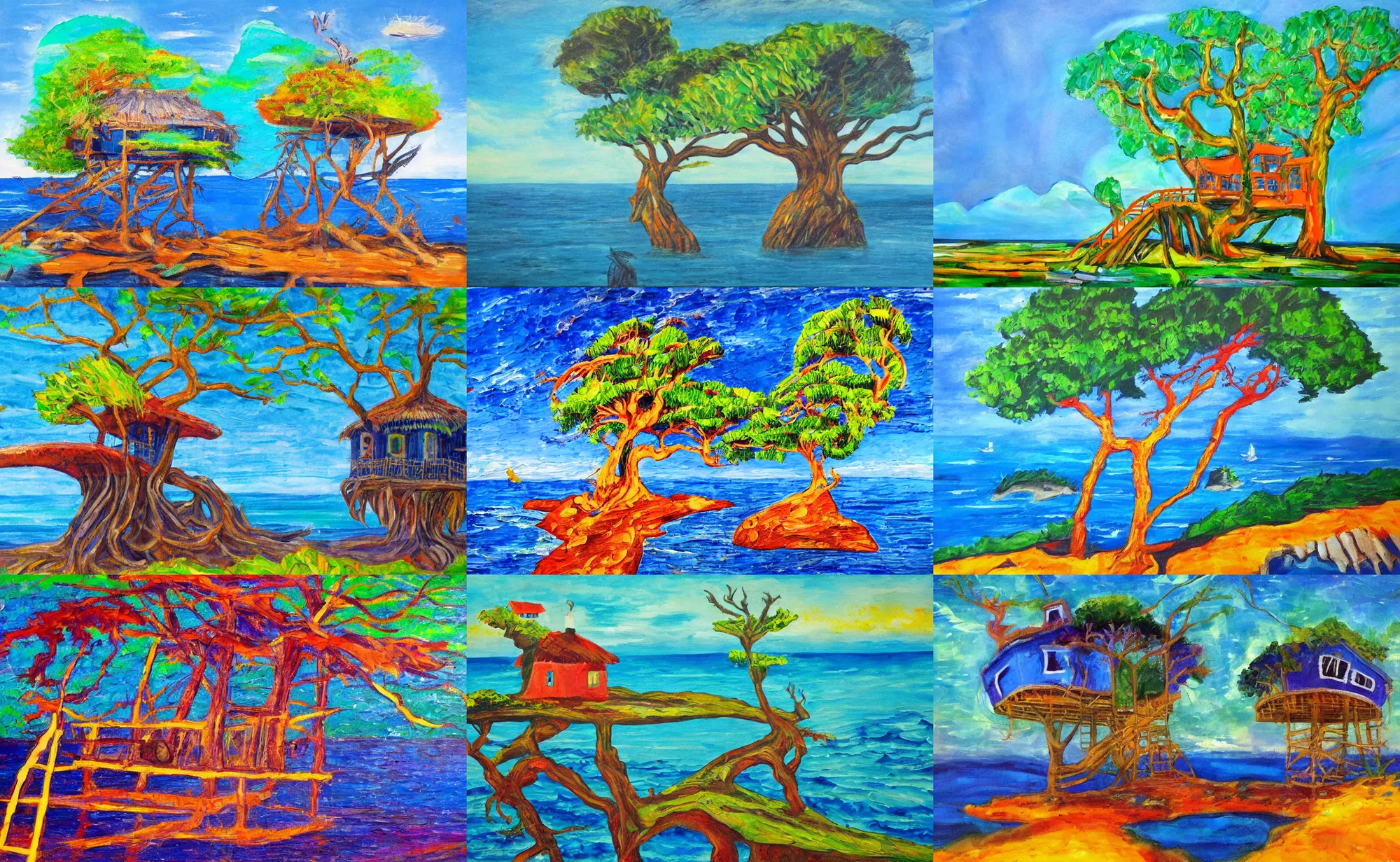 Prompt: expressionism painting of a mystical island treehouse on the ocean