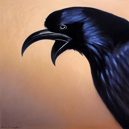 Prompt: oil painting of a raven holding a paintbrush in its beak and painting with it