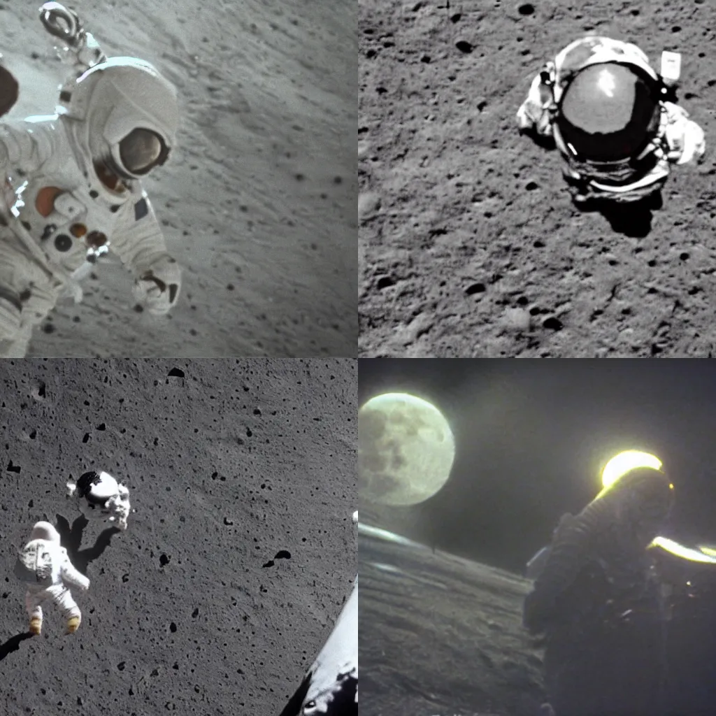 Prompt: moon landing, astronauts, apollo 1 1, xenomorph alien the background, high definition, grainy footage, close up