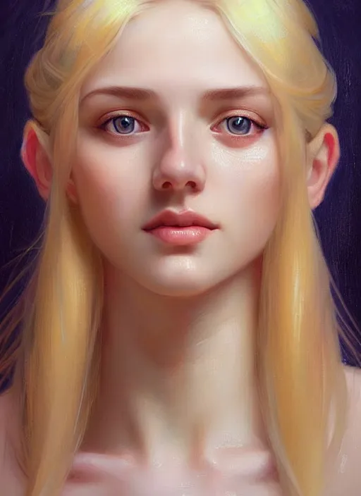 Prompt: beautiful ukrainian feminine face! portrait of young woman blessed by god with ever - increasing physical and mental perfection, blonde hair, symmetrical! intricate, elegant, highly detailed, vision of holy perfection!! smile, digital painting, artstation, concept art, smooth, sharp focus, illustration, art by artgerm and greg rutkowski and alphonse mucha