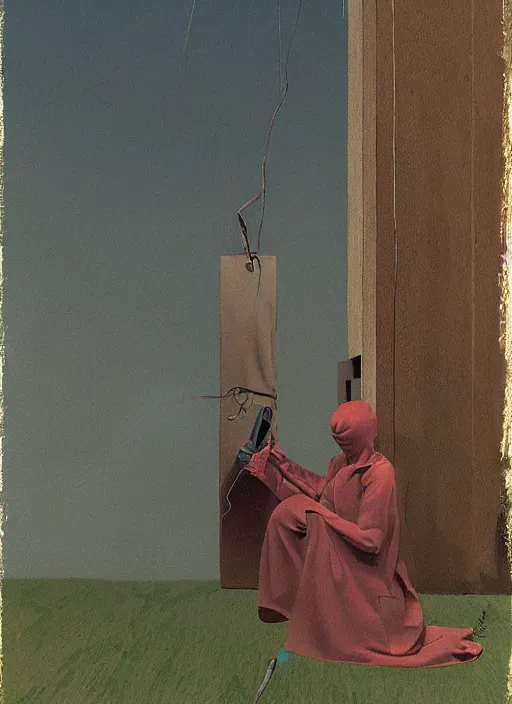 Image similar to woman with a paper bag over the head and a sward connected with telephone wires Edward Hopper and James Gilleard, Zdzislaw Beksinski, Steven Outram highly detailed