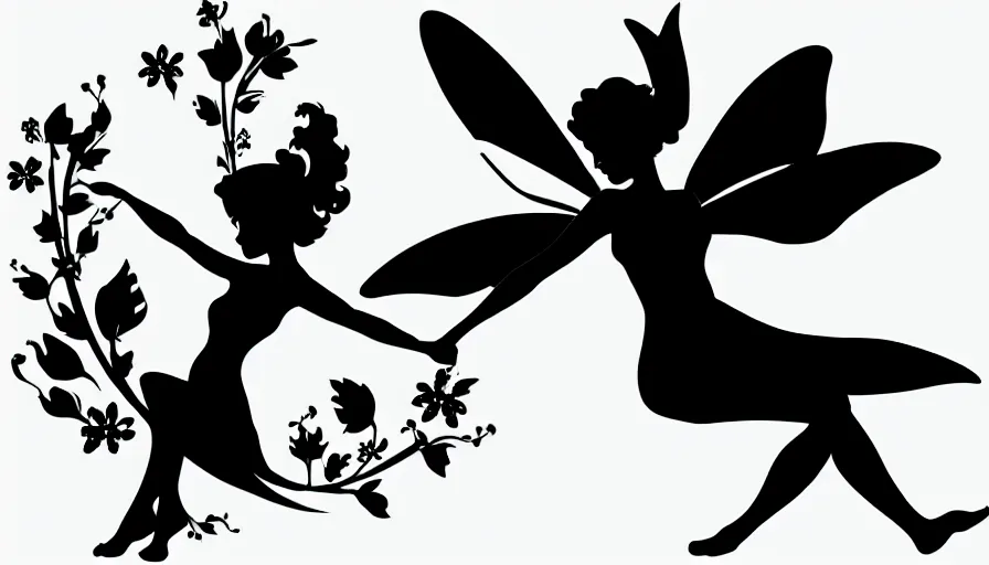 Prompt: flat black vector silhouette of a fairy, pure white background, 4 k resolution