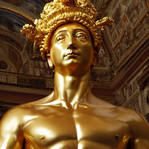 Image similar to portrait of jeff bezos in the form of a giant greek statue in pure gold, with a gold crown, baroque elements in the background, museum. intricate artwork by michelangelo. photorealistic. ultra detailed. flash. octane render. cinematic. 4 k bokeh.