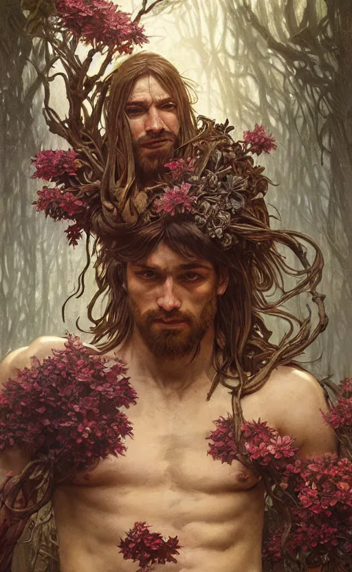 Image similar to god of the forest, 3 0 years old, rugged, handsome, male, detailed face, clean lines, atmospheric lighting, amazing, full body, thighs, flowers, muscular, intricate, highly detailed, digital painting, deviantart, concept art, sharp focus, illustration, art by greg rutkowski and alphonse mucha