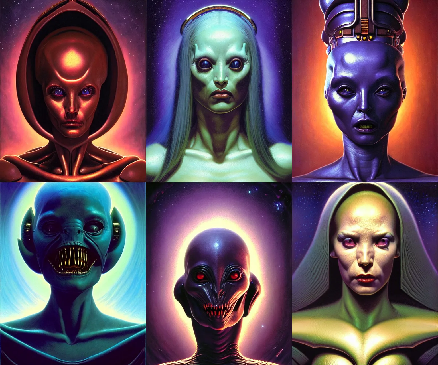 Prompt: cinematic bust portrait of cute female extraterrestrial queen, head and chest only, exotic alien features, Tim Hildebrandt, Wayne Barlowe, Bruce Pennington, donato giancola, h.r. giger, oil on canvas, masterpiece, trending on artstation, featured on pixiv, cinematic composition, dramatic pose, beautiful lighting, sharp, details, hyper-detailed, HD, HDR, 4K, 8K