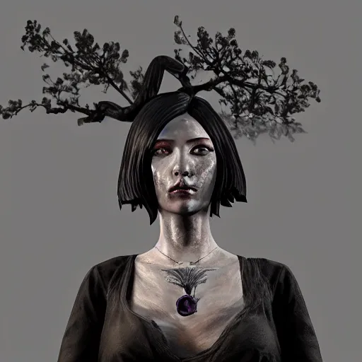 Image similar to fantasy portrait of a woman made of obsidian and smoke, carved Japanese Sakura wood organic overgrowth, holding nevermore, in GTA V, boxart, loading screen, Stephen Bliss