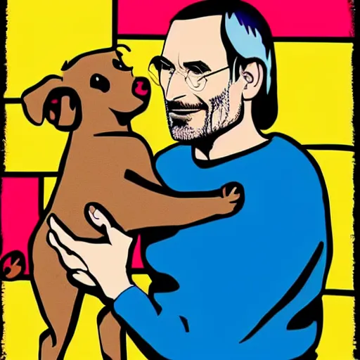 Image similar to Steve Jobs playing with a light brown puppy, pop art, highly detailed