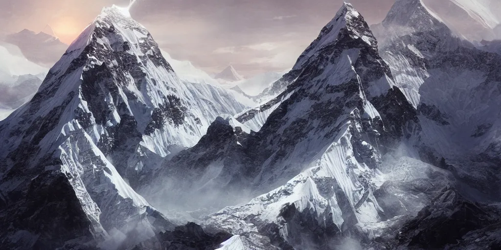 Prompt: mount everest dramatically falling apart, dim volumetric lighting, 8 k octane render, post - processing, extremely hyper detailed, intricate, epic composition, cinematic lighting, masterpiece, trending on artstation, stunning art by anders zorn, wonderful masterpiece by greg rutkowski