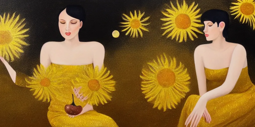 Prompt: very realistic beautiful painting of a woman with short black hair with golden details in it wearing a long metallic golden skirt covering her whole body holding flowers and levitating a pear, sun on the left moon on the right as she is sitting on a rock at night time, hyper realistic 8K HD, highly detailed