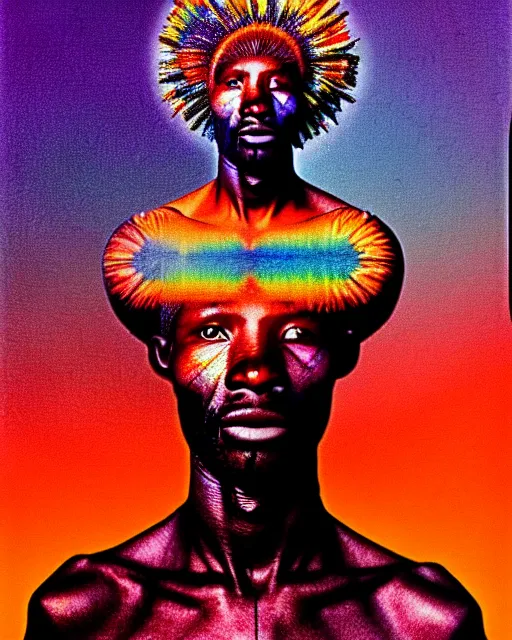 Prompt: a colorful chromatic abberation, 9 0 s toy commercial, double exposure photo from the 7 0 s, polaroid photo of a african tribal warrior, by zdzislaw beksinski, by ernst haeckel