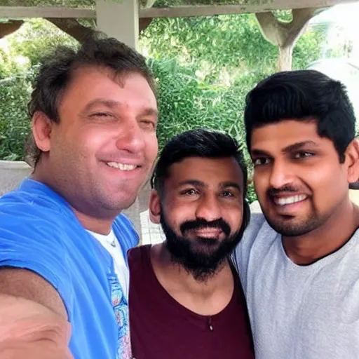 Prompt: white dude in his 4 0's hangs out with two indian 2 0 year old guys, photo