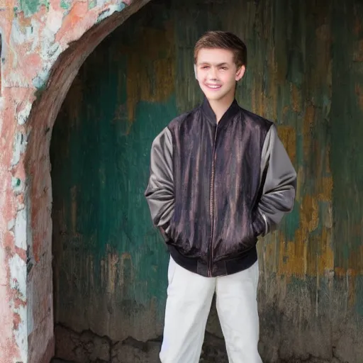 Image similar to teenage Caucasian boy modeling malacca sultanate jacket