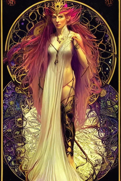 Image similar to tarot card, 4k HD digital full body portrait of beautiful regal elven king, long white hair, black paper, vivid colors, wheel of sigils in the background, by Alphonse Mucha, Craig Mullins, Marc Simonetti, Artstation