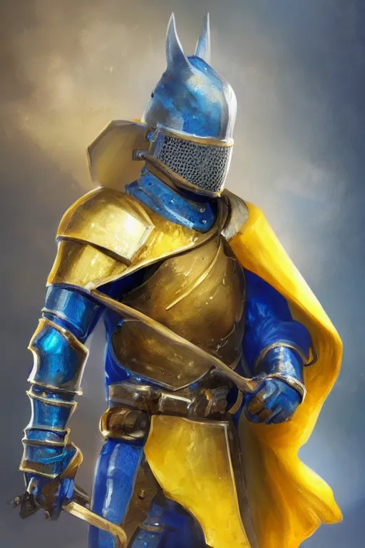 Image similar to a knight with blue tabard and a yellow cape and steel pauldrons and short blonde hair and a short blonde beard, realistic, detailed, trending on ArtStation, by Tony Sart