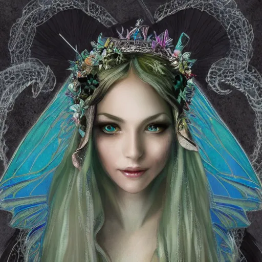 Prompt: detailed portrait of a fairy queen with wings wearing a magic silk and lace robe with a hood, crown, pixie, iris, realism, detailed eyes, emerald, galaxy, sapphire,blonde hair going down to the floor, moonlit, dark fantasy, dramatic lighting, cgsociety, artstation