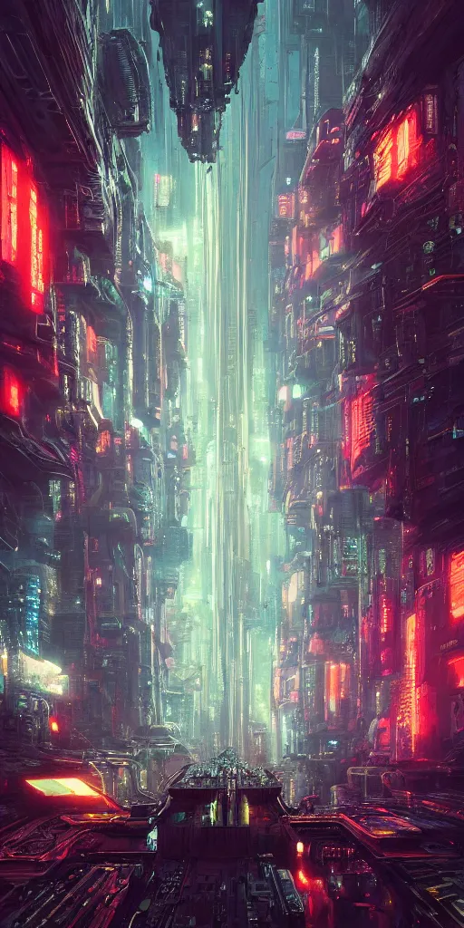 Image similar to an enigmatic and terrifying painting of a cyberpunk universe by marc simonetti, greg rutkowski, ferdinand knab, colour, hyper detail, 8 k, city, universe, nebula, cars, neon, neo - tokyo, burst of colour, imaginary, concept art, out of this world, depth, incredible depth