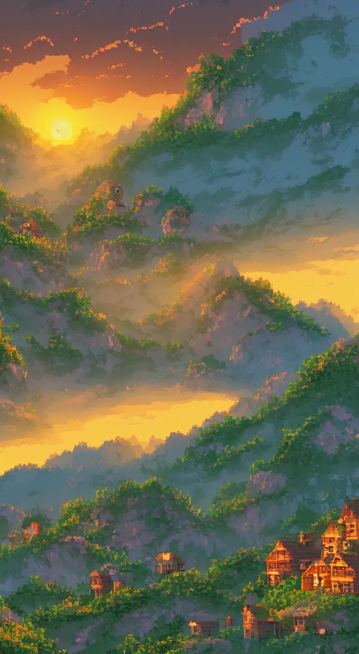 Image similar to a dreamy sunset in the mountain with houses in pixelart style, highly detailed, illustration