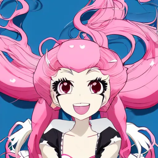 Prompt: stunningly beautiful omnipotent megalomaniacal anime goddess who looks like junko enoshima with porcelain skin, pink twintail hair and mesmerizing cyan eyes, symmetrical perfect face smiling in a twisted, mischievous, devious and haughty way while looking down upon the viewer and taking over the universe, mid view, hyperdetailed, 2 d, 8 k