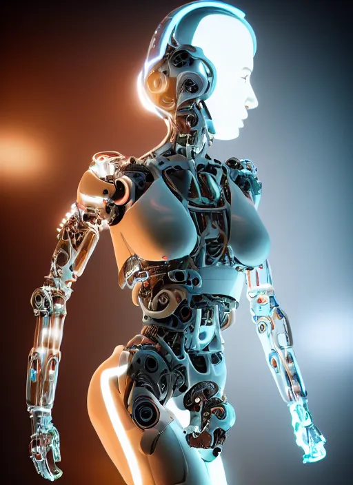 Prompt: photorealistic detailed full body picture of a female cyborg, pretty face with arm and legs, neon lights, white suit, humanoid, extreme, uhdr, book called the most influental cyborg in 2 0 5 0, fine details, highly detailed, intricate, smooth sharp focus