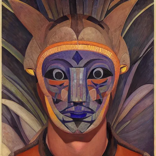 Prompt: head of a beautiful boy wearing a mask made of metal flowers, by diego rivera and john watkiss and annie swynnerton, art deco shaman, stylized flowers, art brut, symbolist, dramatic lighting, god rays, iridescent beetles, clean crisp graphics, smooth sharp focus, extremely detailed